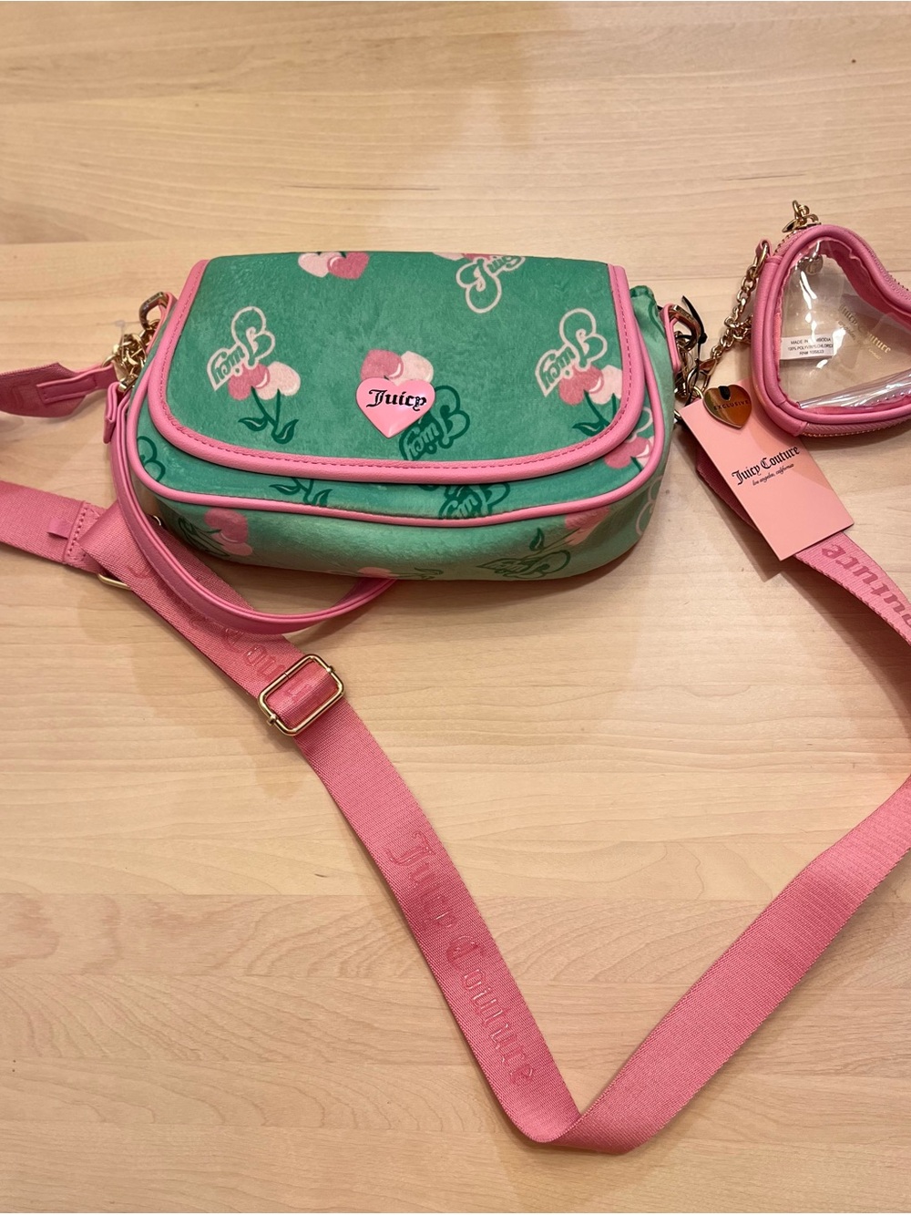 Juicy Couture Green & Pink Heart Print Crossbody Bag